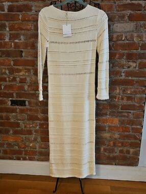 Mus & Bombon Cream Openwork Knit Maxi Dress - Long Sleeve Elegant Silhouette